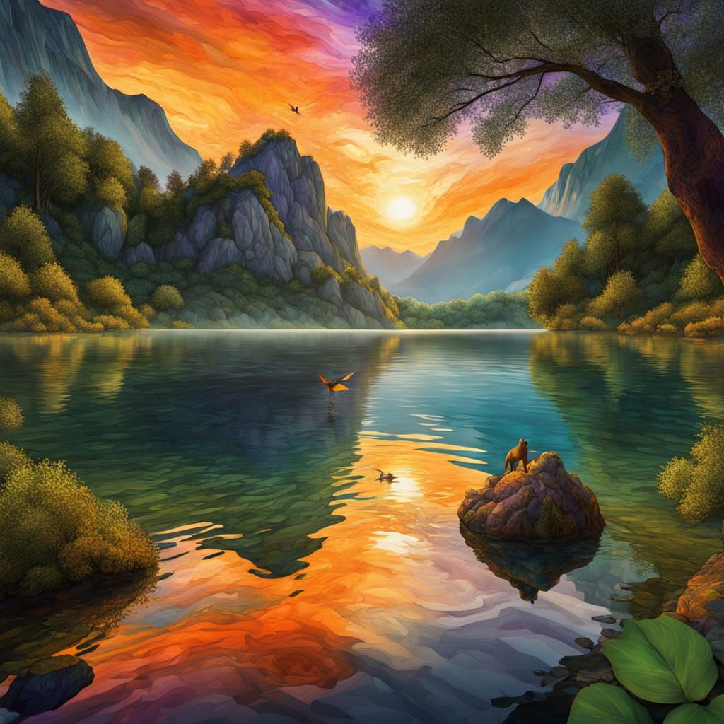 Surreal Fantasy Landscape with Geometric Lion, Watercolor Hu...