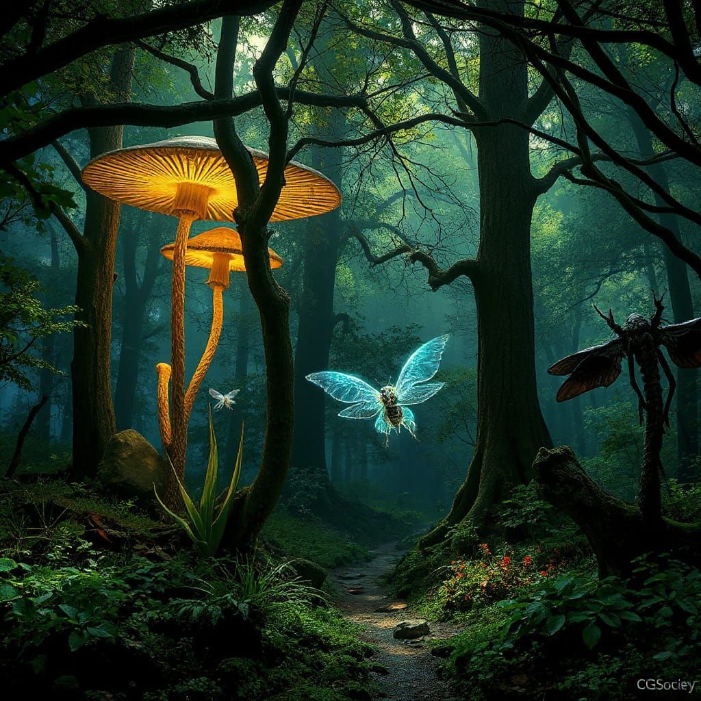 Bioluminescent Alien Forest with Six-Winged Creatures