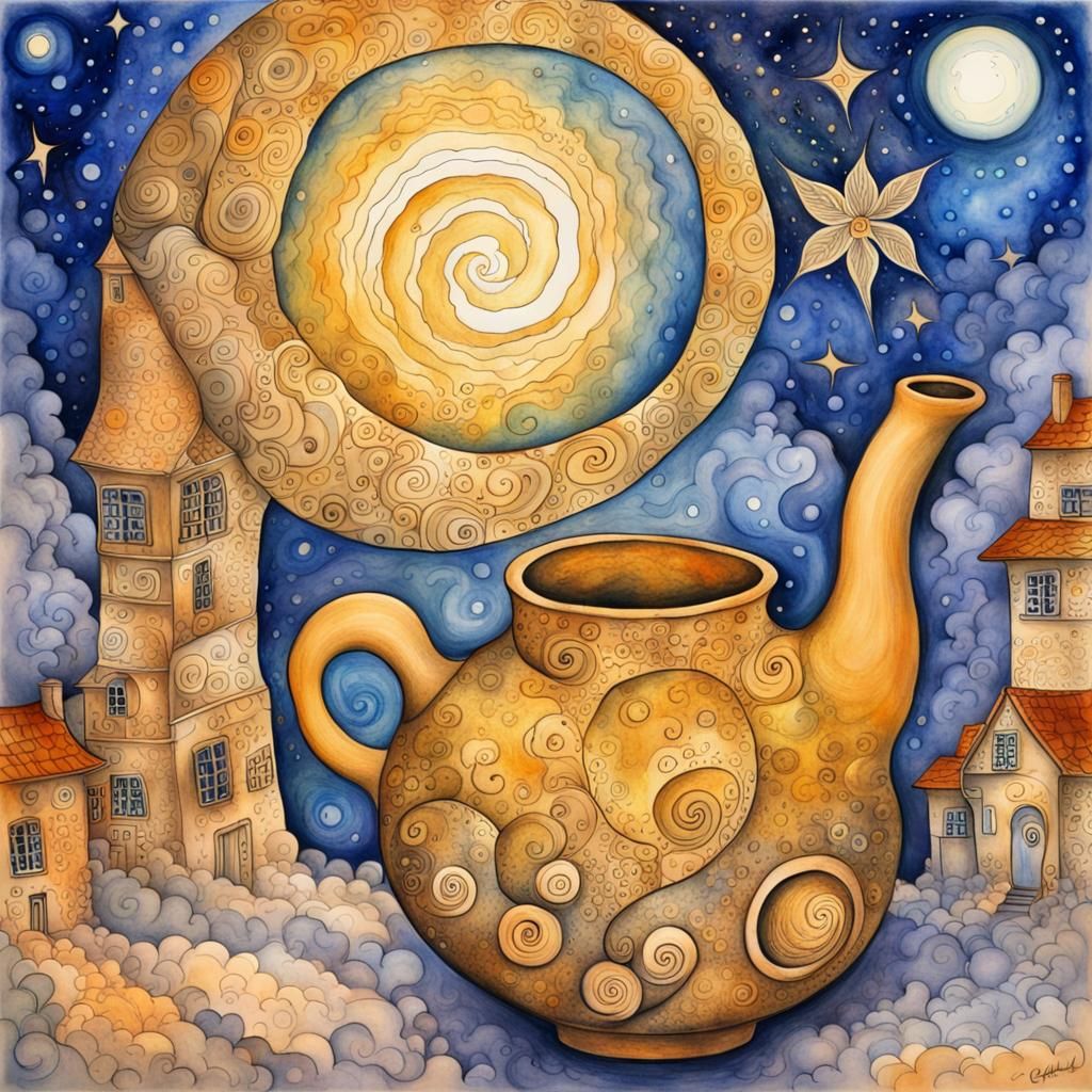 Cosmic Village Dreamscape in Watercolor and Ink