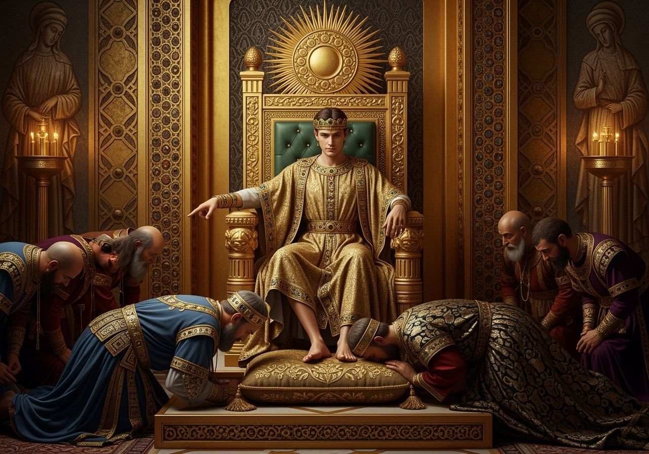 Byzantine Emperor on Golden Throne in Opulent Palace