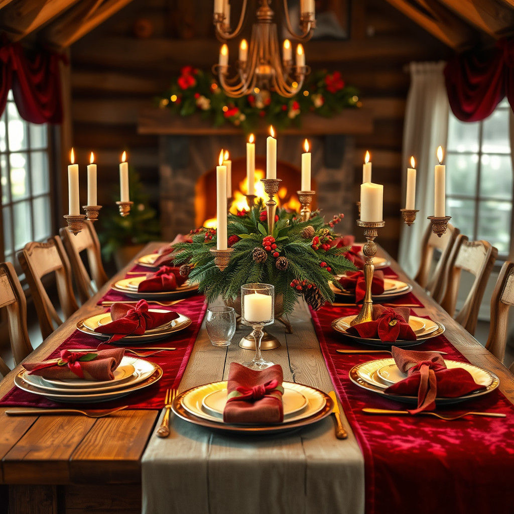 Christmas Dinner Table Setting in Rustic Woodland Style