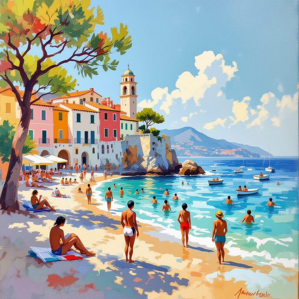 Italian Beach Scene in Gouache and Watercolor Style