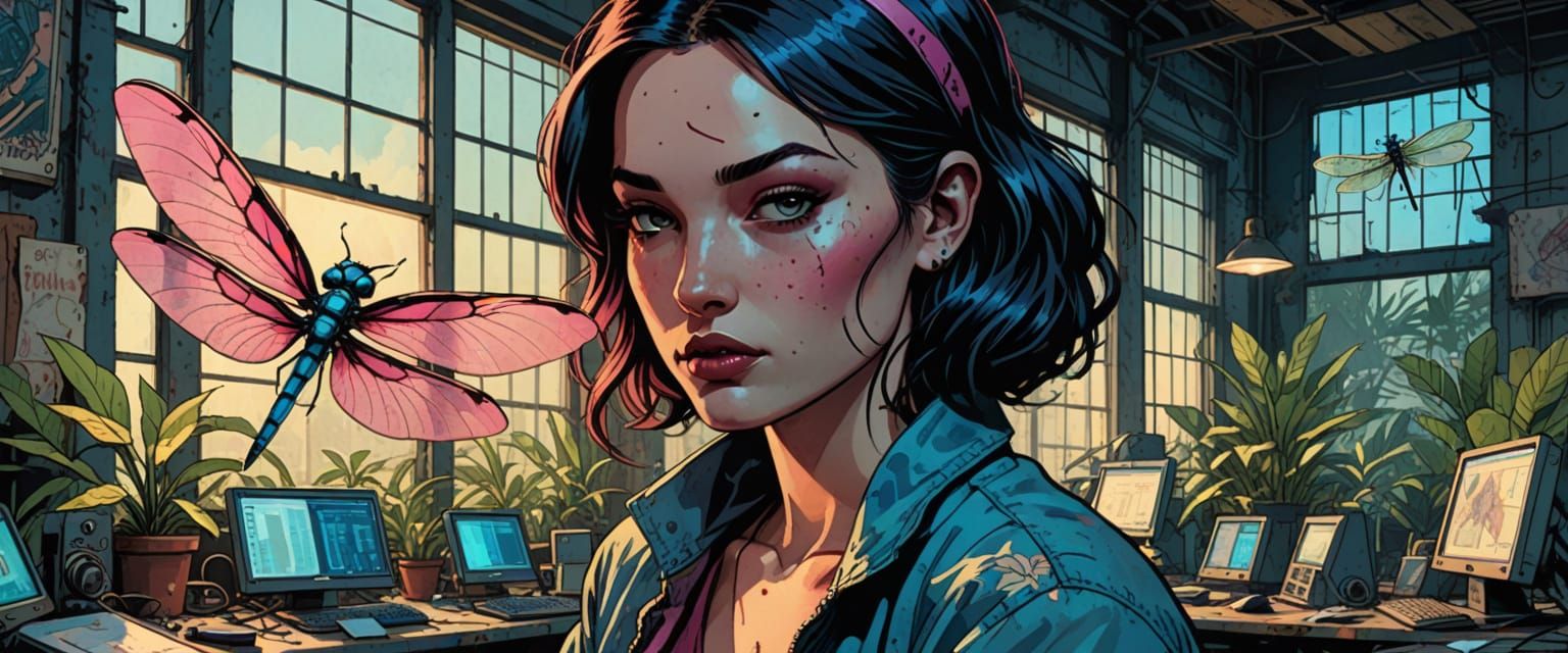 Hackers Team in Abandoned Factory, Vibrant Watercolor Style