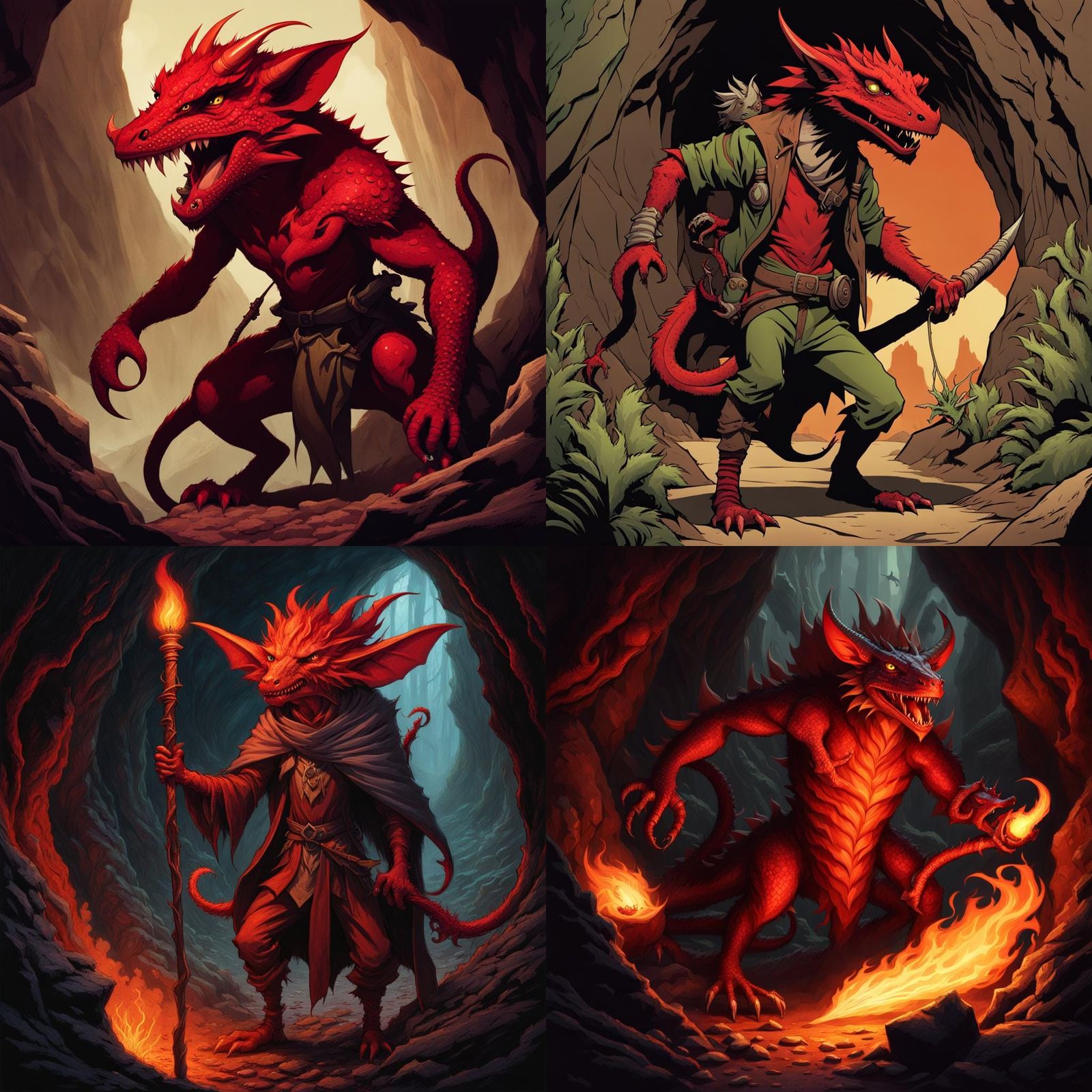 Detailed Fantasy Illustration: Scrawny Red Kobold in Cavern