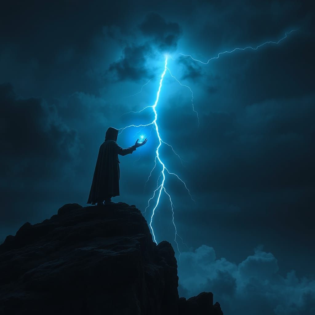 Hooded Knight Wielding Lightning in Stormy Landscape
