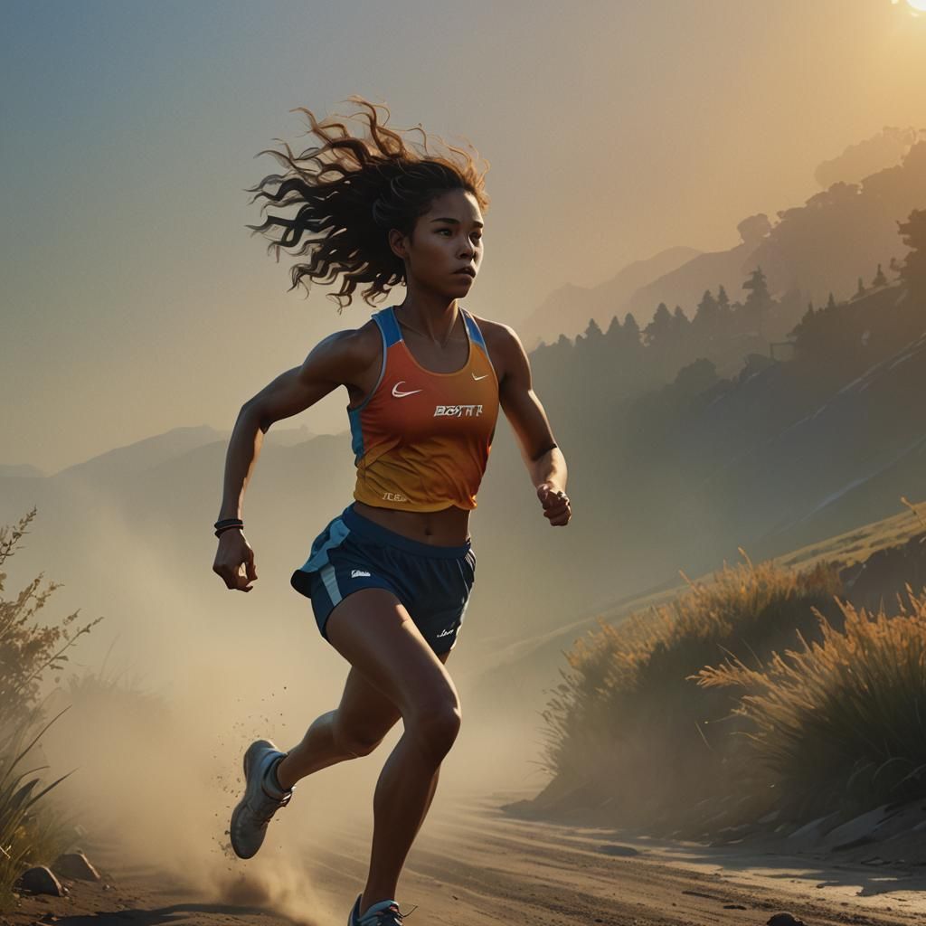 Female Athlete Racing at Dawn in Watercolor Style