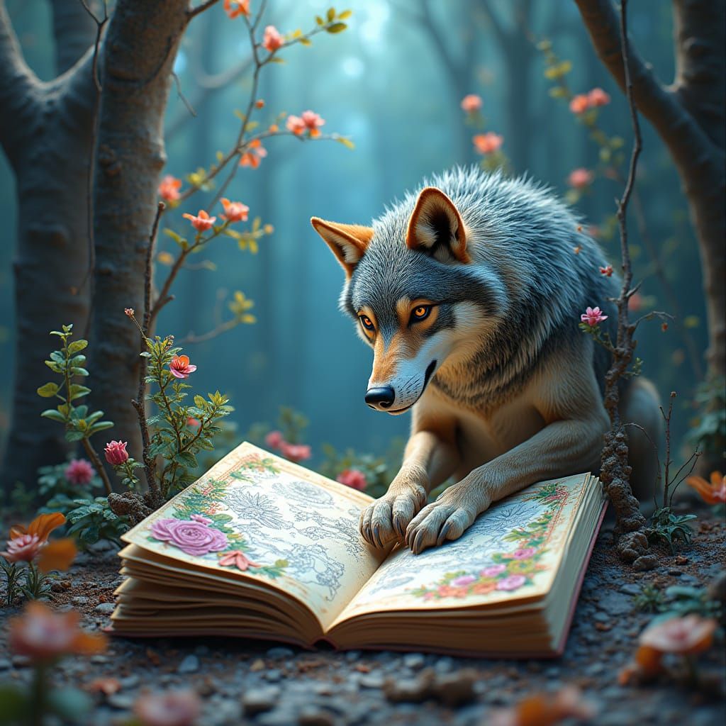 Surrealist Wolf Emerges from Enchanted Coloring Book in Vibr...