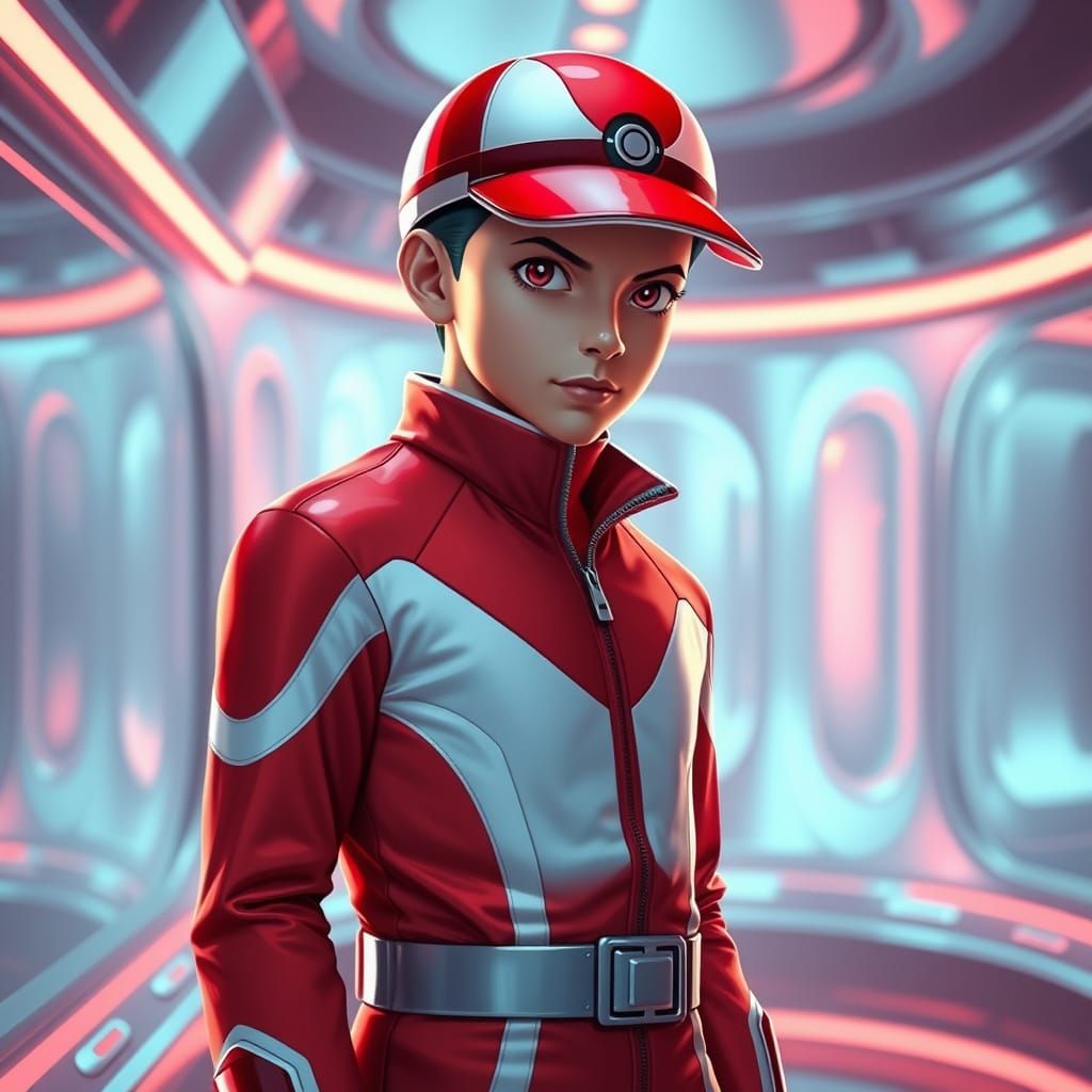 Red the Pokémon Trainer in Retro-Futuristic Atomic Style