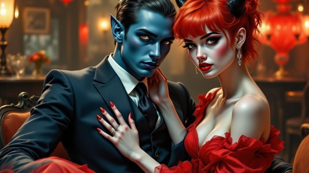 Elegant Demons in Charcoal Sketch, Crimson Silk, and Moonlit...