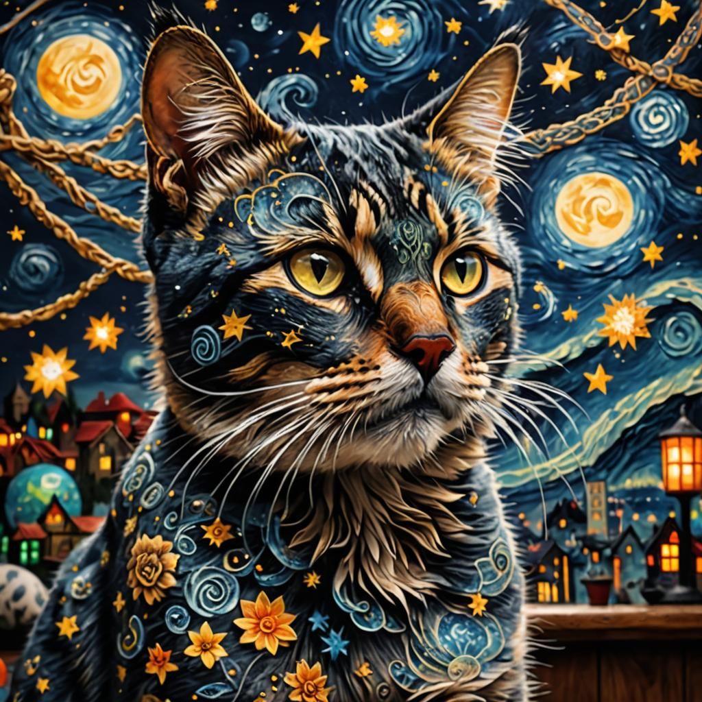 Starry Night Tattoo Cat: 3D Digital Art