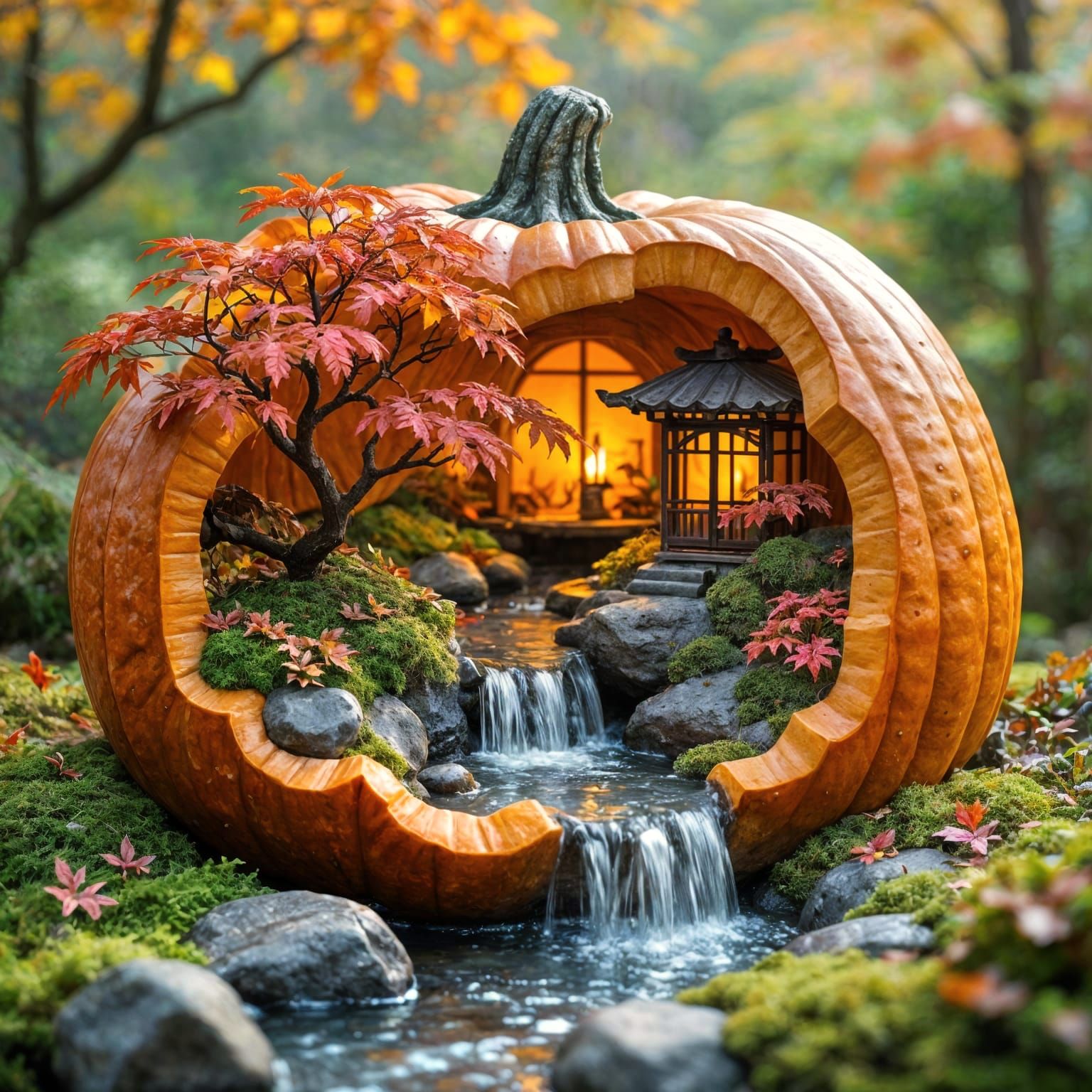 Miniature Japanese Autumn Garden Inside Pumpkin