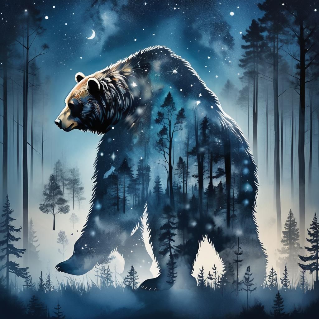 Bear Silhouette Forest Path in Kinetic Pointillism