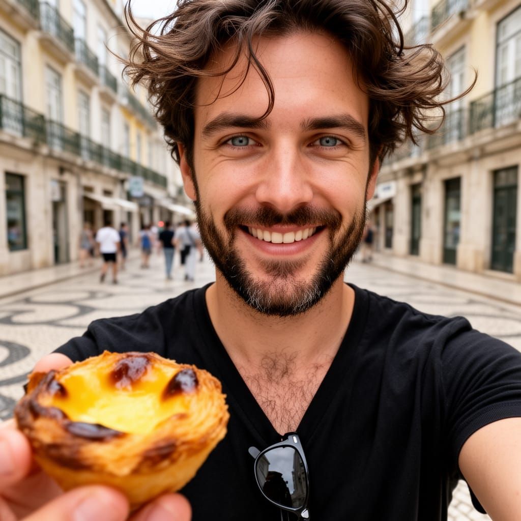 Man Holding Pastel de Nata in Lisbon Street
