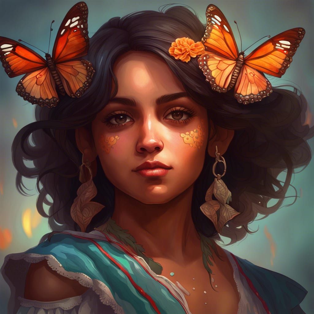 Mexican Girl Holding a Butterfly: Detailed Portrait
