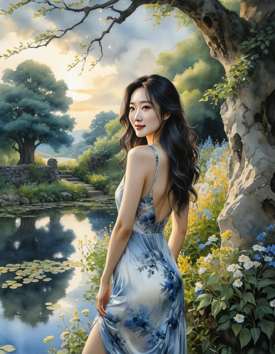 Korean Woman in Surreal Watercolor Landscape
