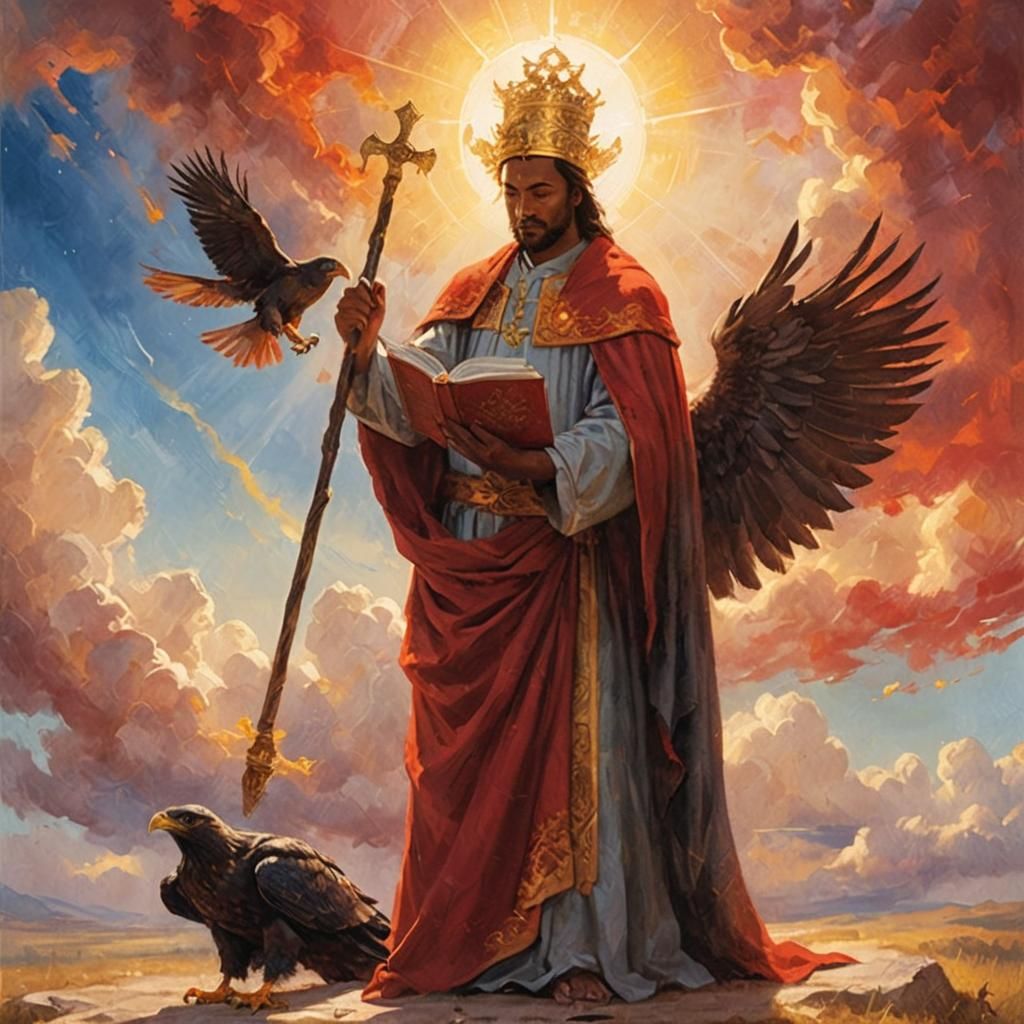 Divine Illustration: Man Strikes Eagle with Red Book