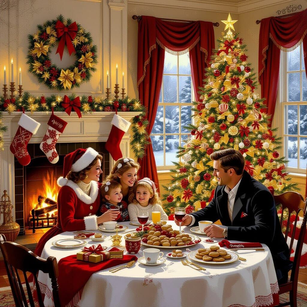 Cozy Christmas Dinner Scene in Norman Rockwell Style