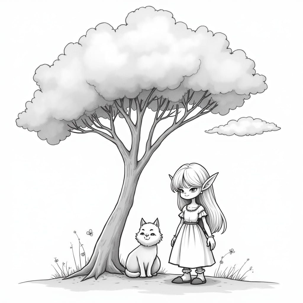 Elegant Elf in Simple Black and White Landscape