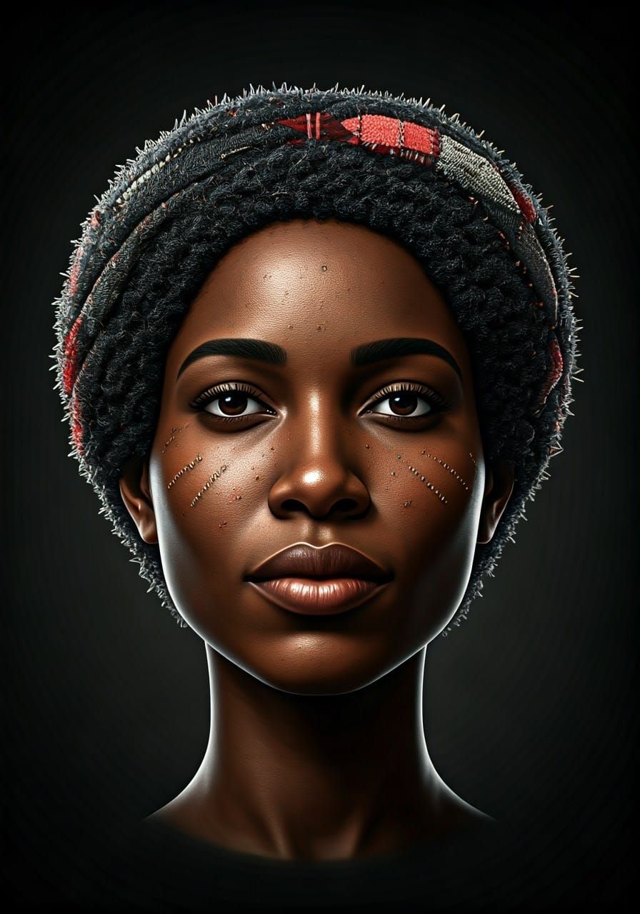 African American Beauty Adorned with Vibrant Patchwork and P...