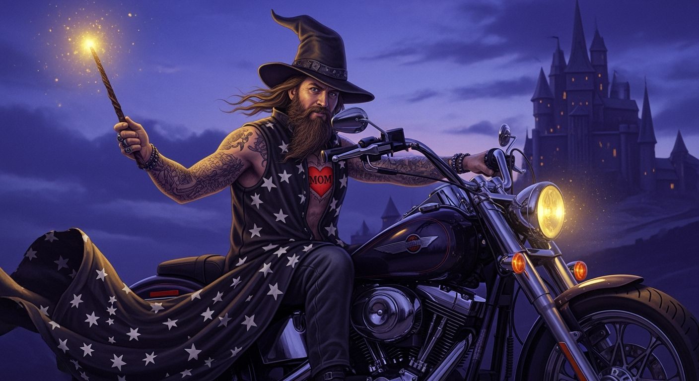 Wizard on Motorcycle: Dark Fantasy Scene