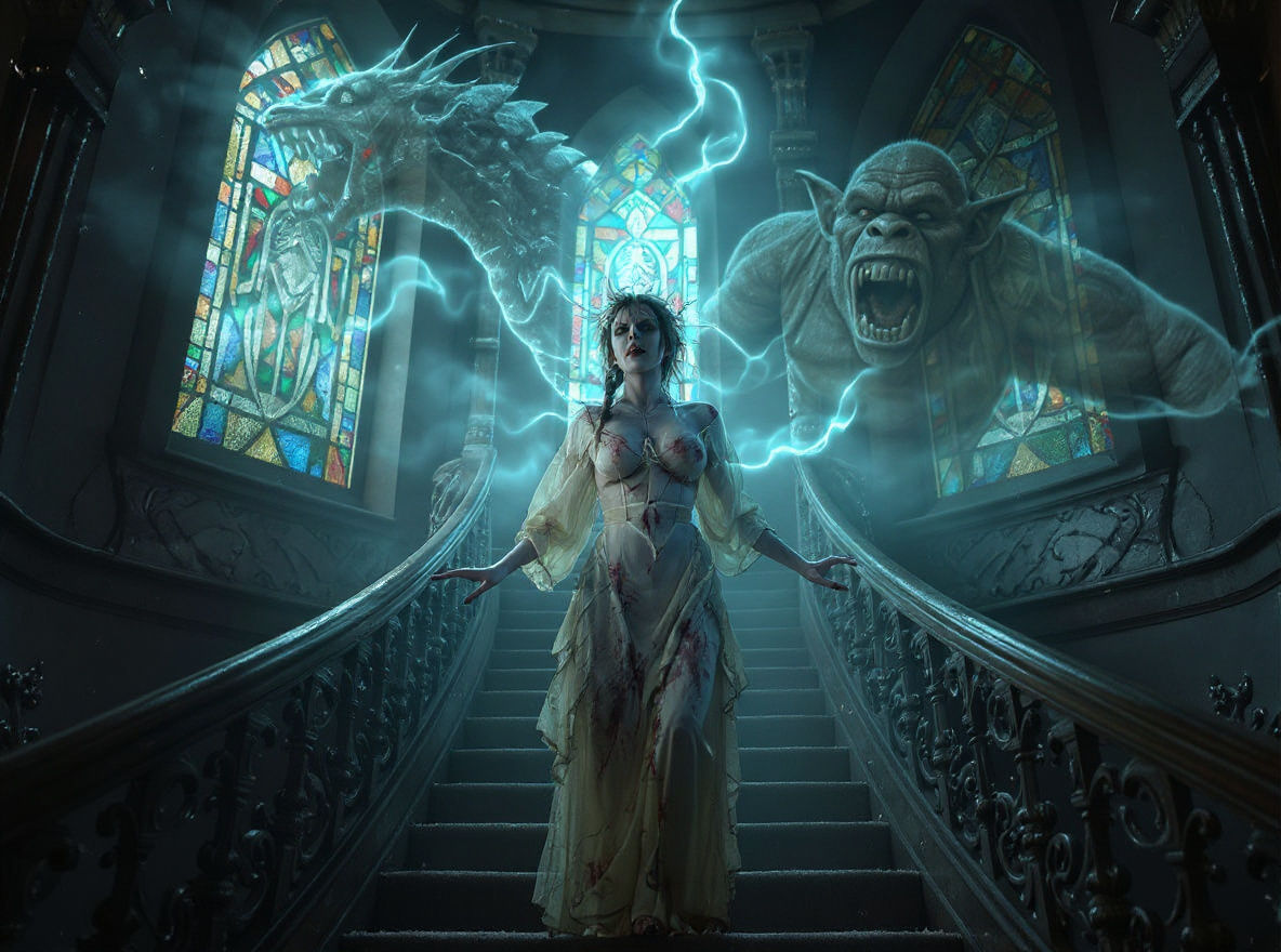 Hyperrealistic Ghostly Woman Ascending Decaying Staircase