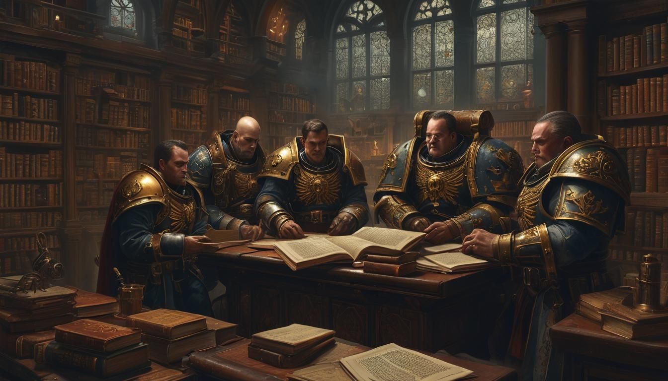 Space Marines Study in Grand Library, Hyperrealistic Oil Pai...