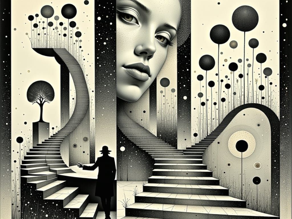 Escher-Inspired Faces Amidst Whirling Geometric Patterns and...