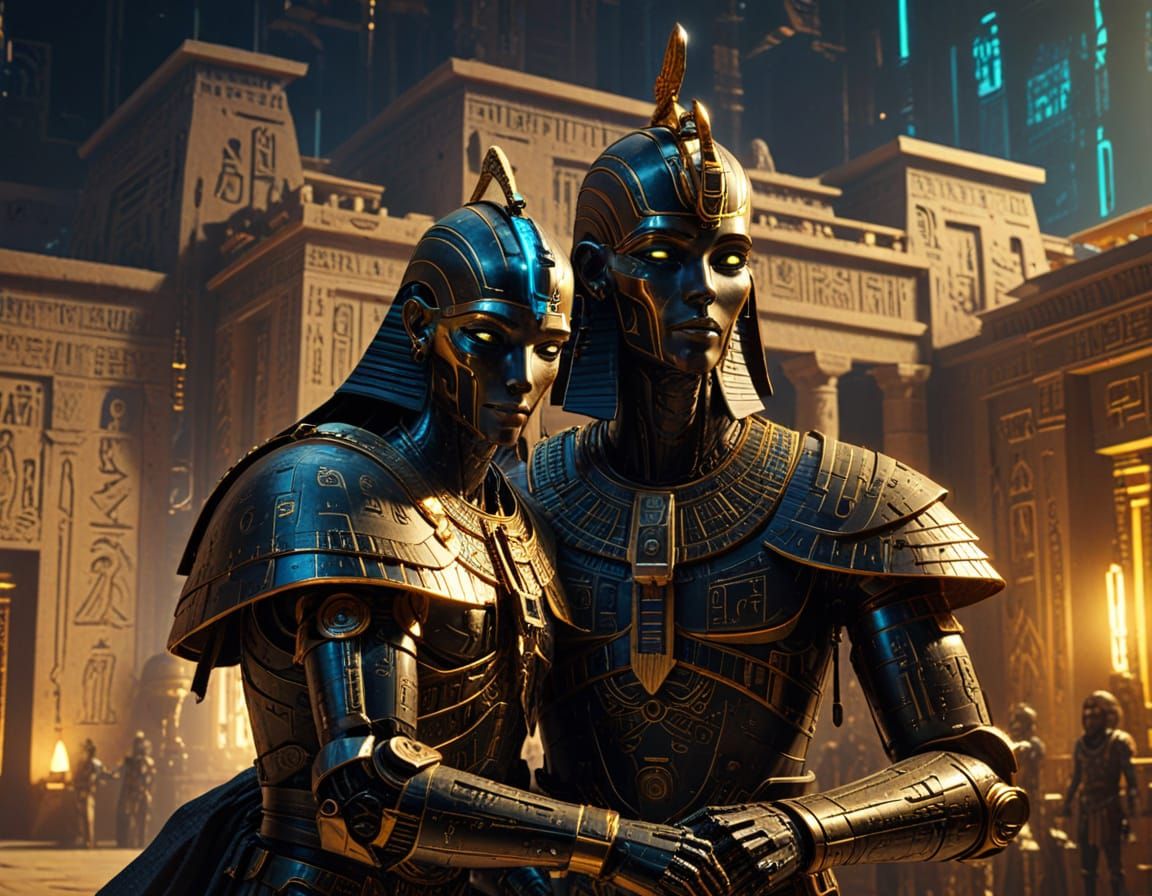 Egyptian Robots in Royal Palace, Moebius Artstyle