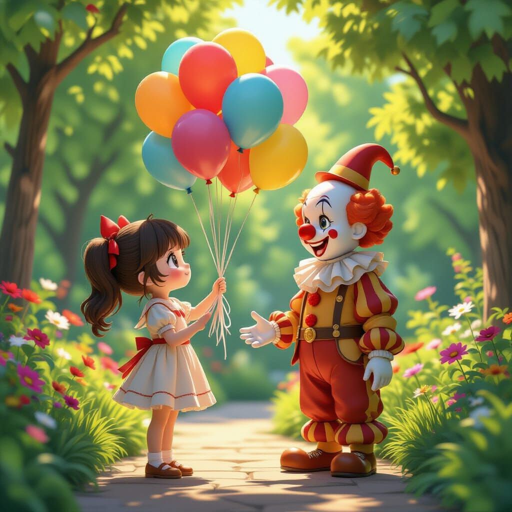 Anime Girl Laughs at Clown with Balloons in Garden