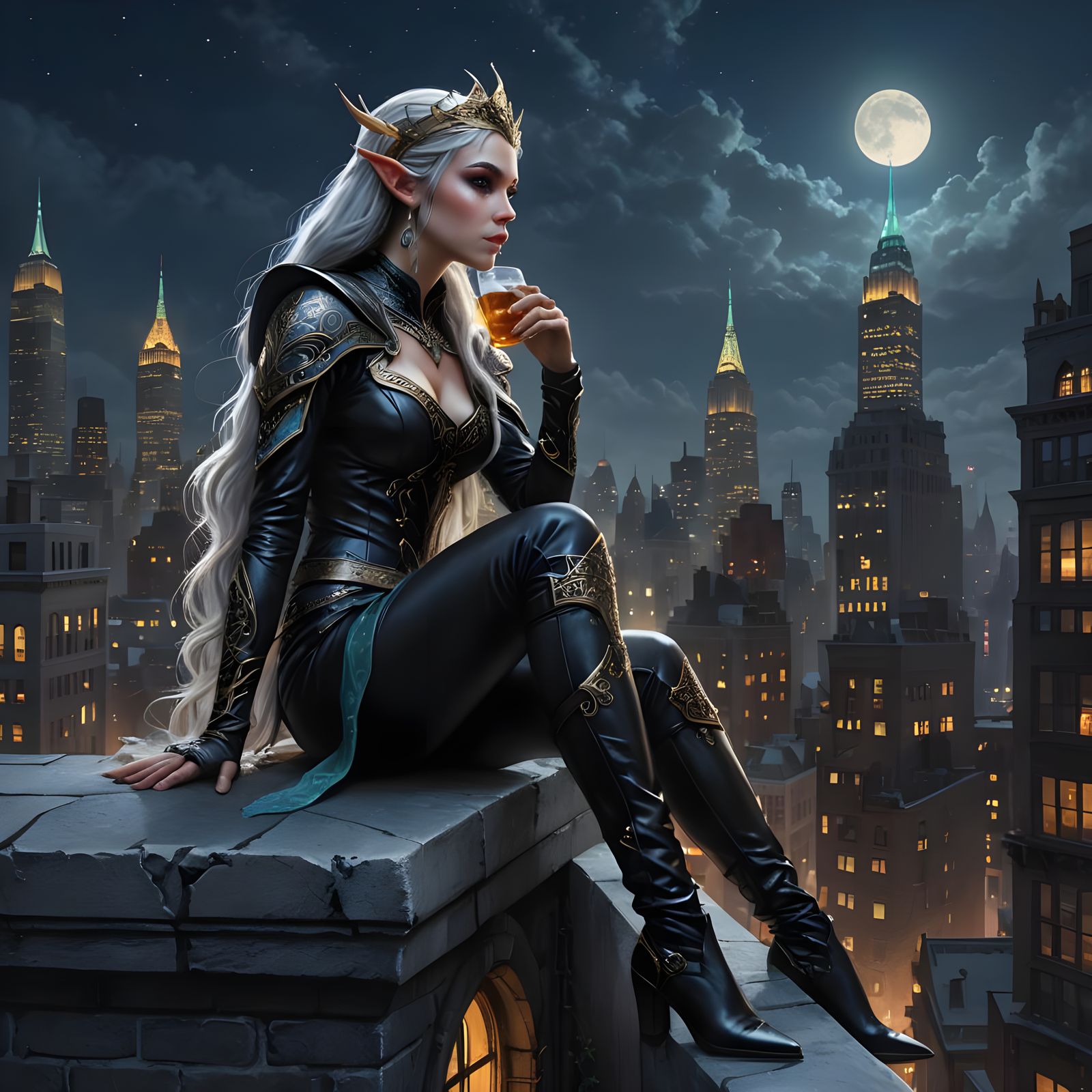 Elven Princess Contemplates City From Ledge