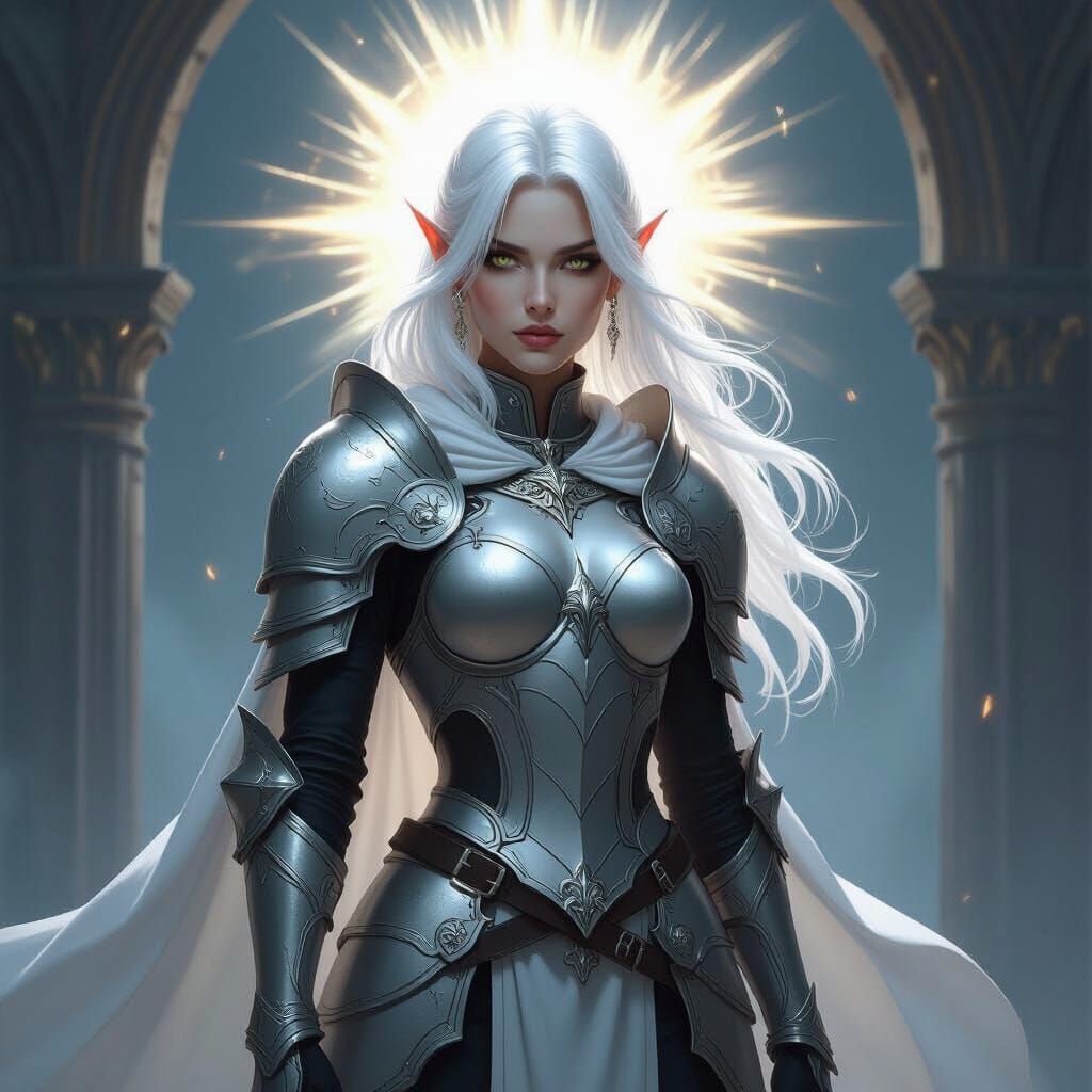 White Haired Dhampir Paladin in Silver Armor