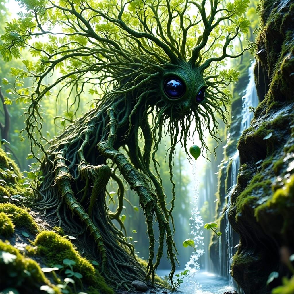 Mystical Tree Creature with Waterfall, Studio Ghibli Style