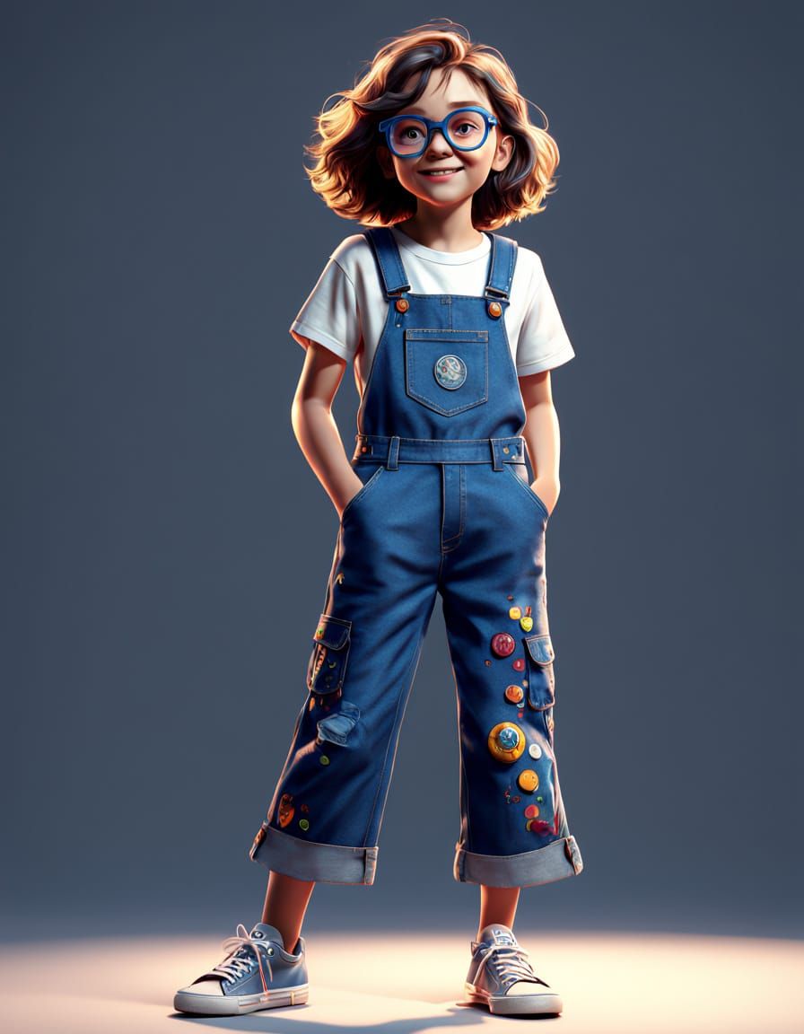 Pixar-Style Cartoon Girl in Denim Overalls