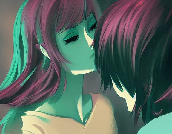 Anime Couple Kissing in Cozy Room, Digital Illustration