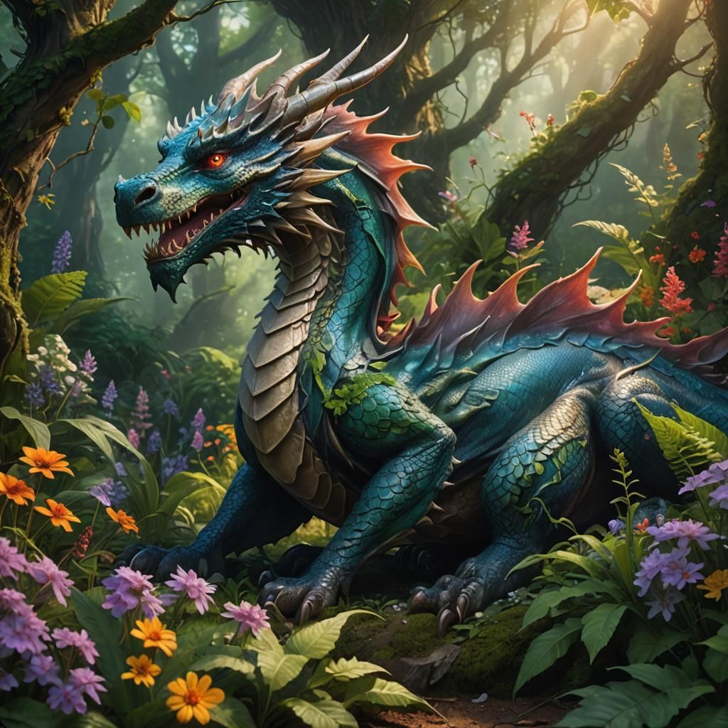 Serene Dragon in Mystical Forest, Fantasy Concept Art