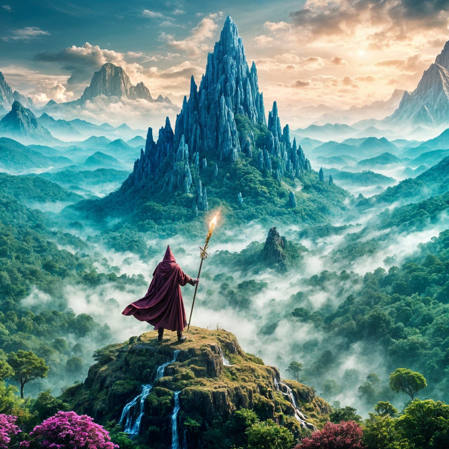 Wizard on Mountain Peak in Symmetrical Style