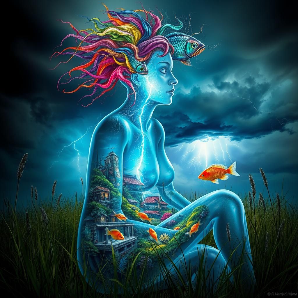 Glass Woman Holds Storm Inside, Airbrush Painting