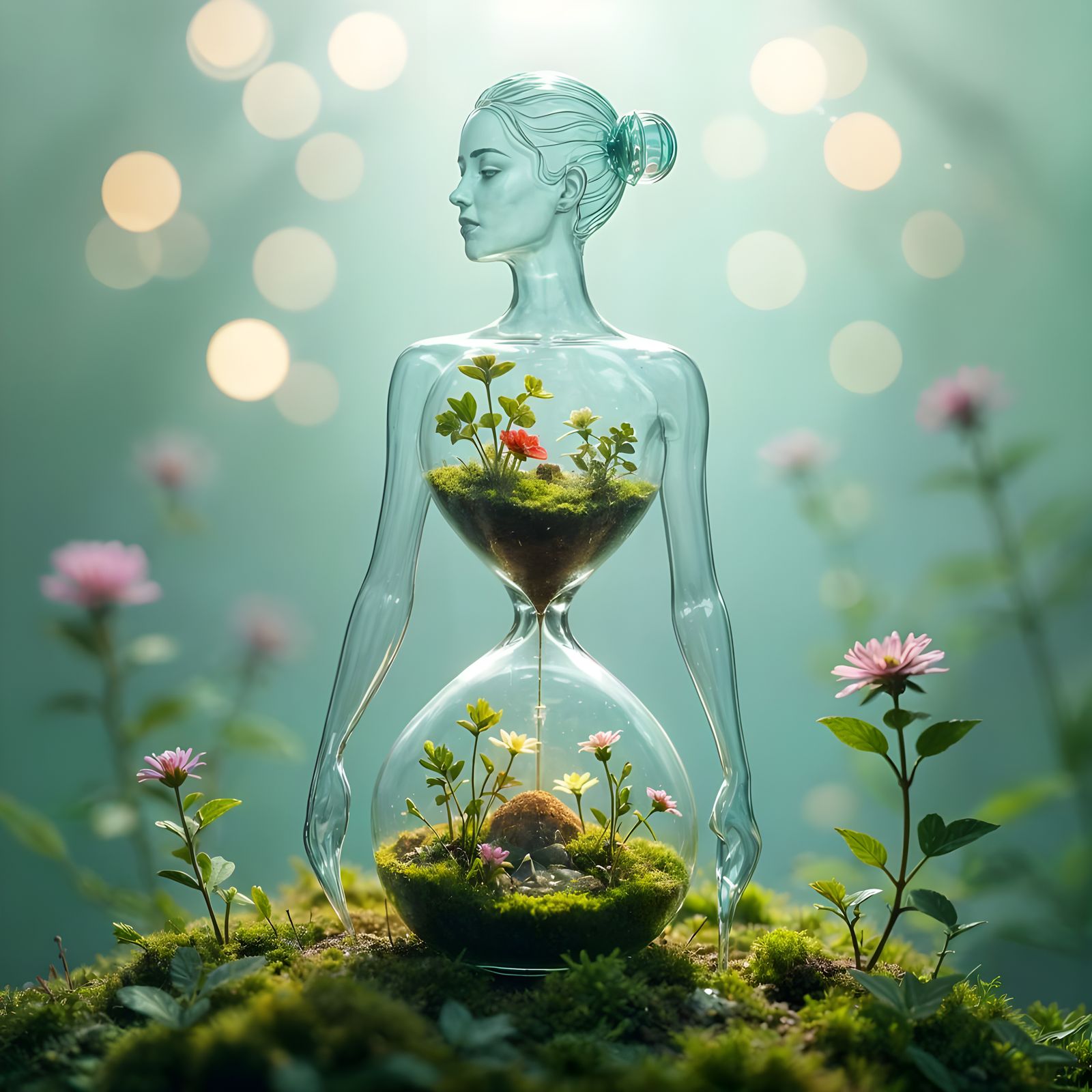 Ethereal Glass Woman in a Dreamy Nature Scene