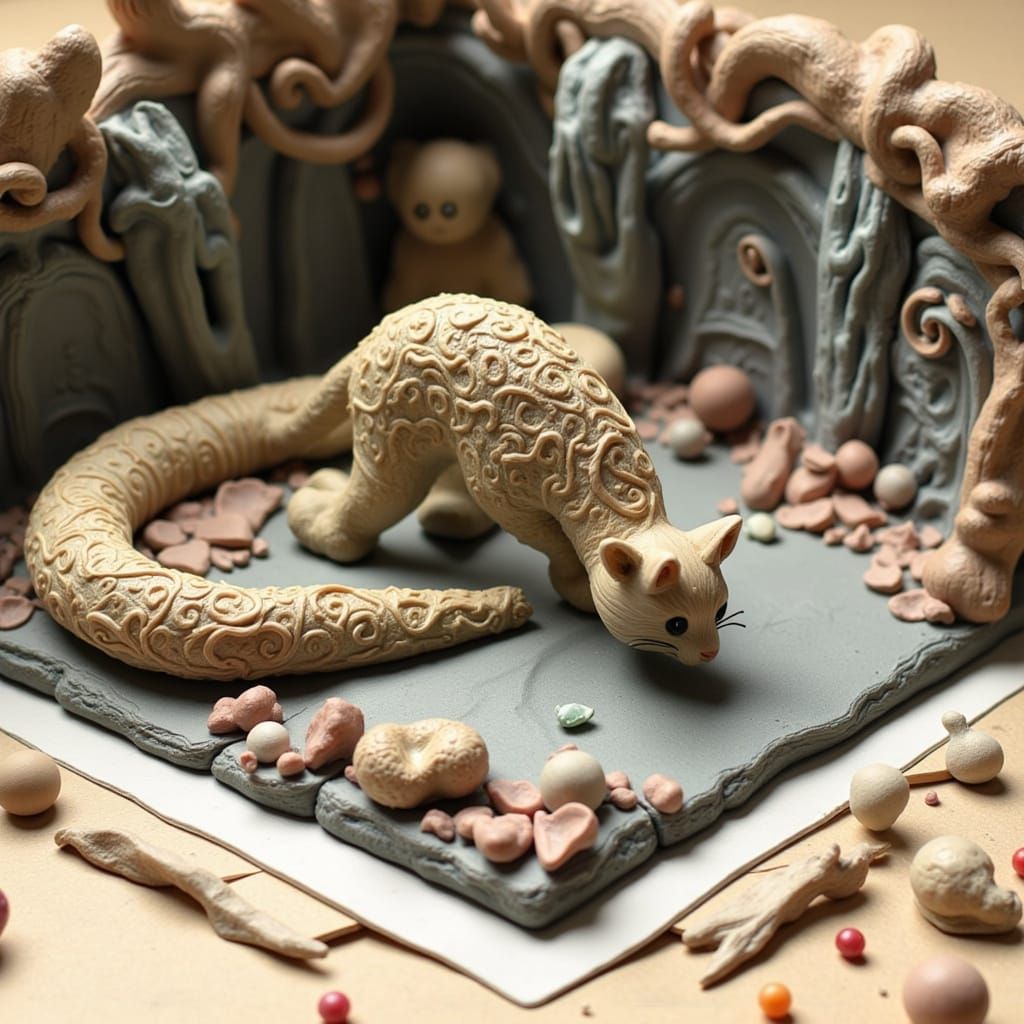 Tiny Pearl Cat Holding Donut in Claymation Style