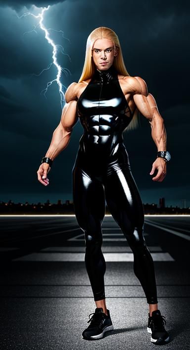 Skinny Bodybuilder with Abs in Catsuit, Levitating Thunderst...