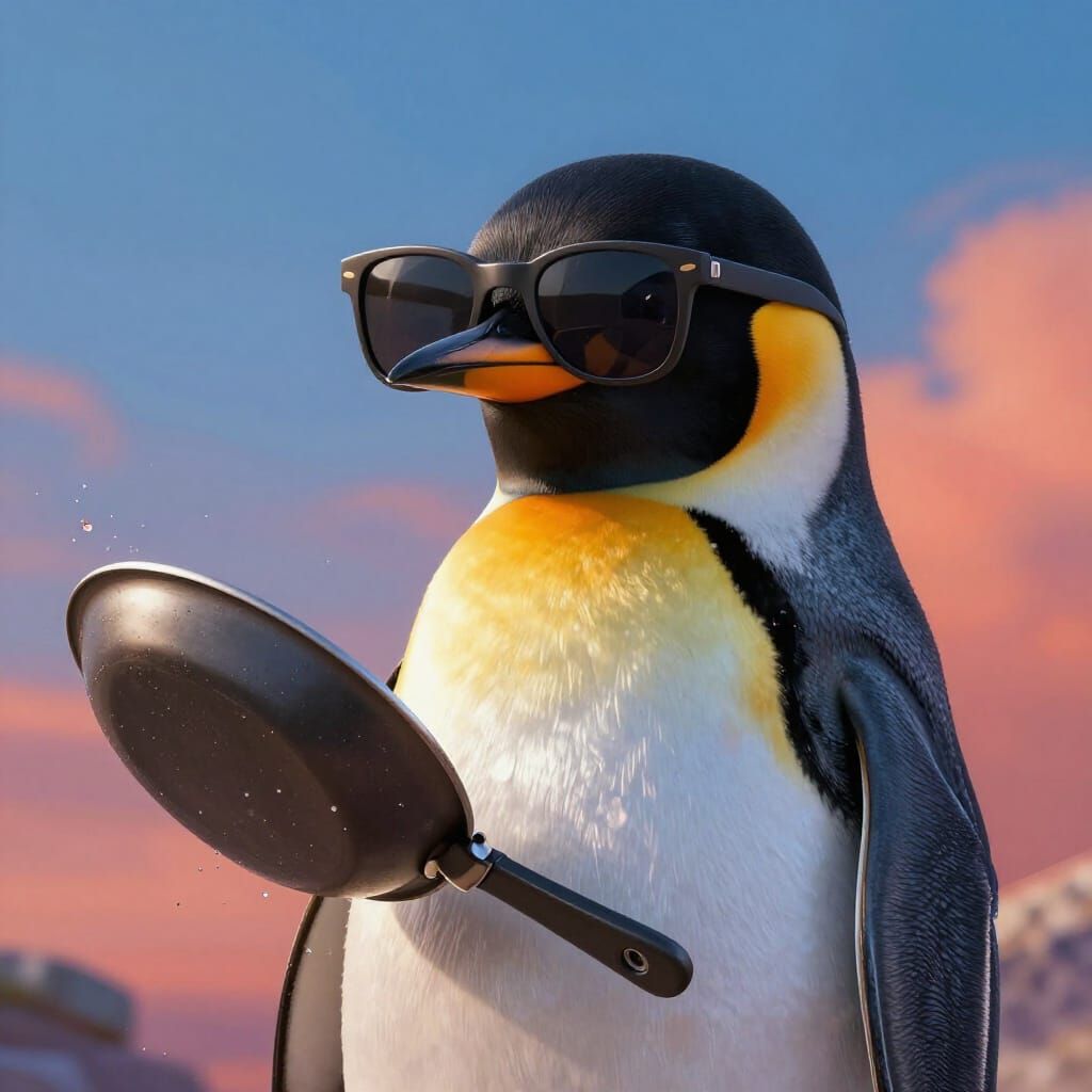 Penguin With Sunglasses Holding a Pan in Detailed Splash Art