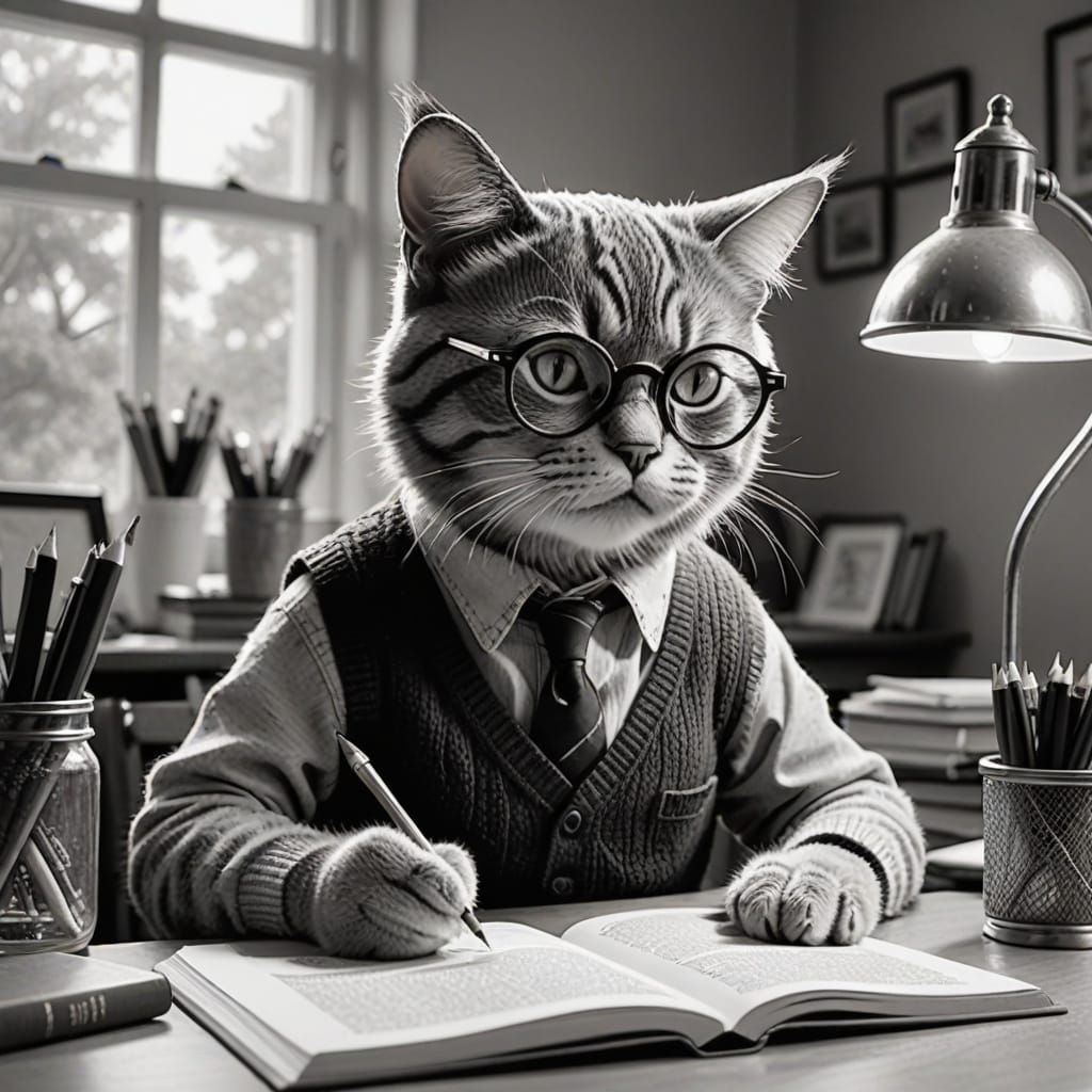 Whimsical Cat Writer in Classic Style