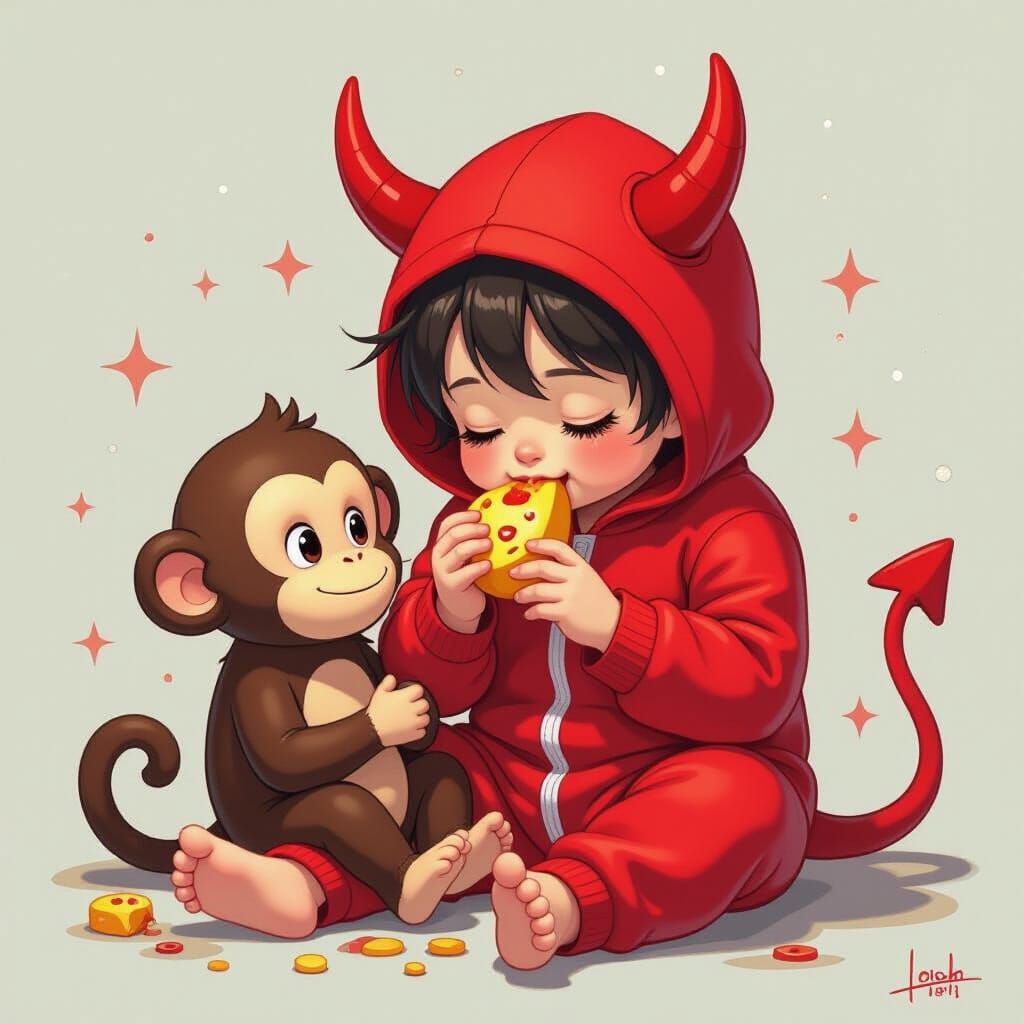 Whimsical Devil in Red Onesie Eats Cartoon Monkey