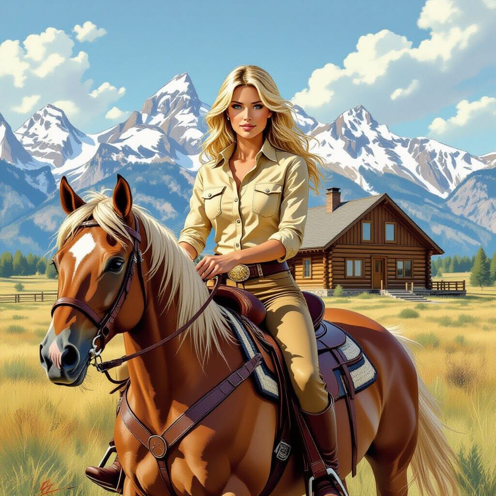 Comic Book Art: Blond Woman Riding Horse in Wyoming