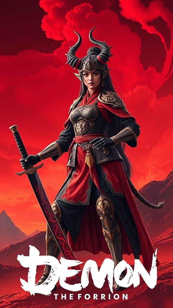 Fierce Demon Warrior with Magic Katana, Anime Style