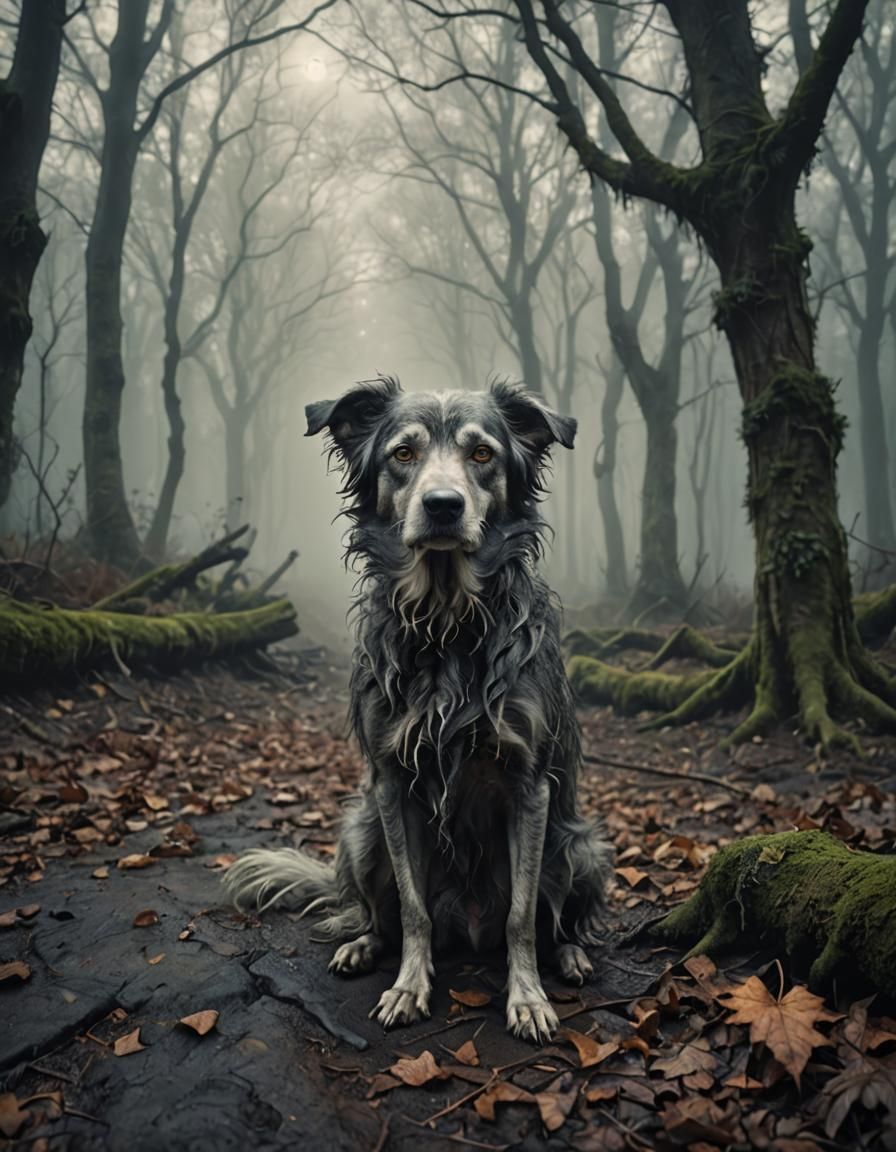 Whimsical Forest Canine in Dark, Eerie Landscape