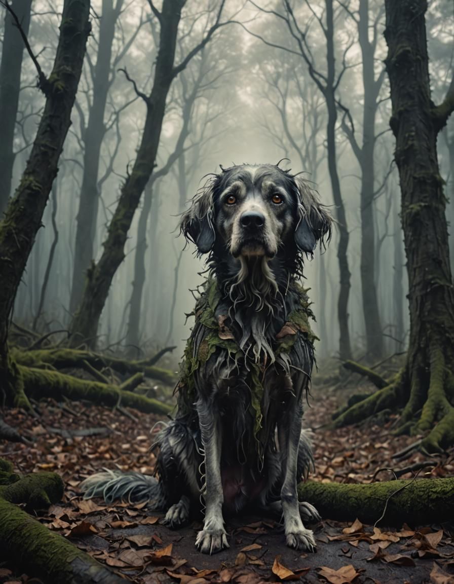 Sad Old Dog in Tim Burton Style Forest