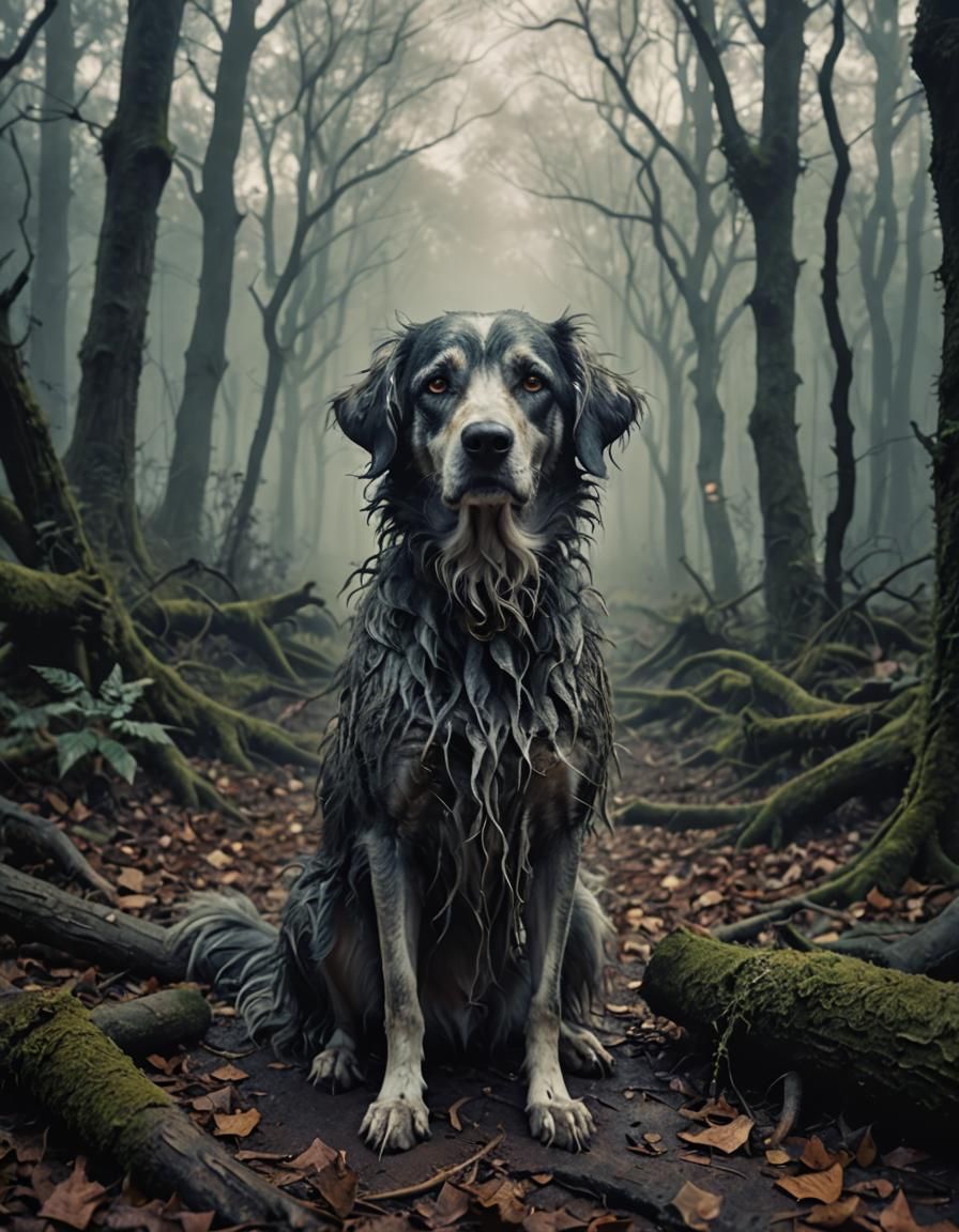 Sad Old Dog in Tim Burton Style Forest