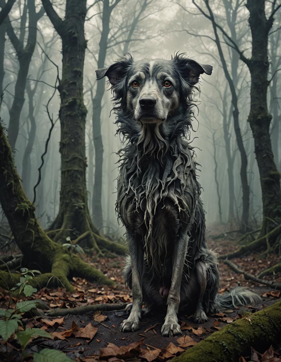 Sad Dog in Tim Burton Style Forest