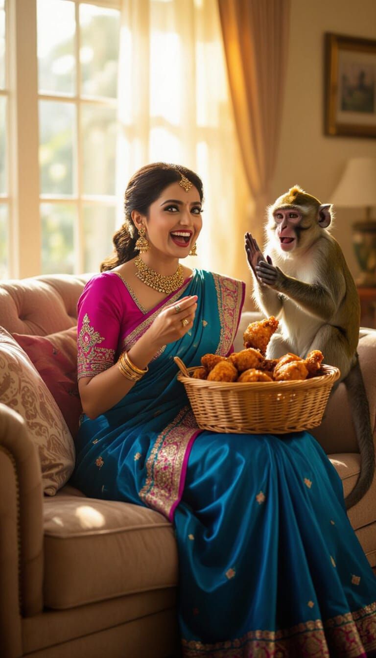 Indian Woman Enjoying Chicken, Hyperrealistic Style